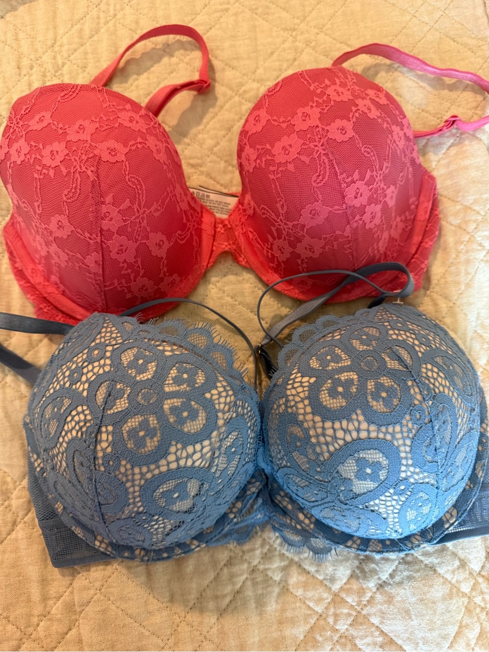 Victoria’s  Secret Lace Push-Up Bra - Coral and Dusty Blue- 32 D